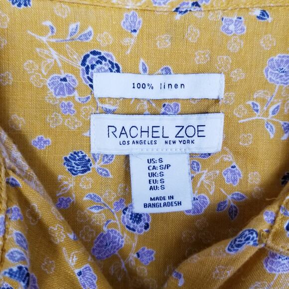 RACHEL ZOE 100% Linen Floral Yellow Shirt Short Sleeves - Small - Picture 5 of 6